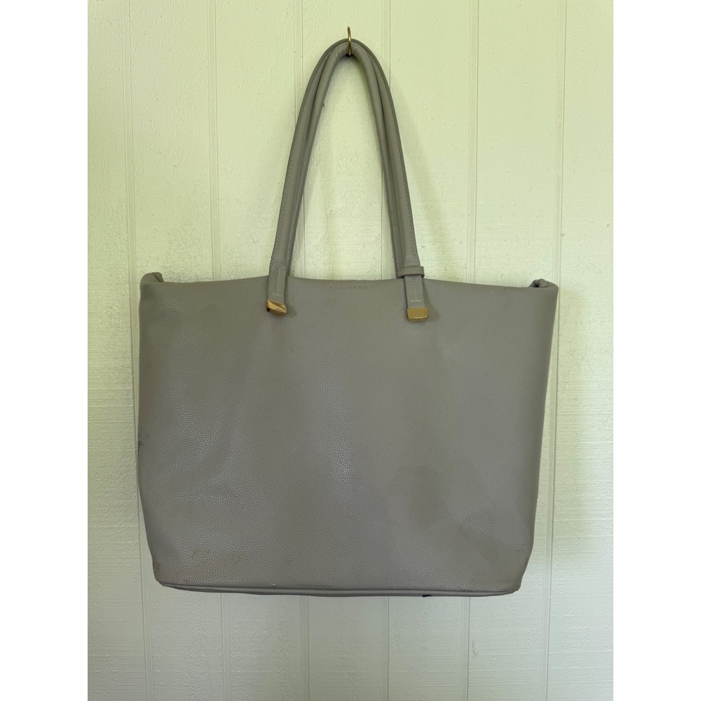 Platinum Taupe Grey Pebbled Faux Leather Large Multi Compartment Tote Bag